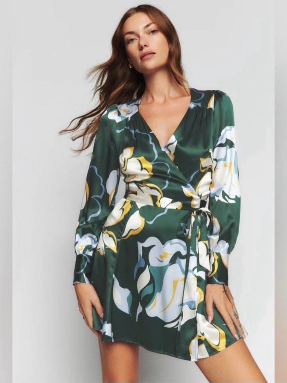 Reformation Chrisley 100% Silk Wrap Dress Floral Green 1X Long Sleeve Tie Waist